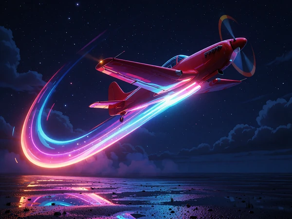 R&oslash;d propelfly stiger mod &oslash;verste h&oslash;jre hj&oslash;rne med et magenta-cyan lysspor mod m&oslash;rk nattehimmel - illustration til Aviator