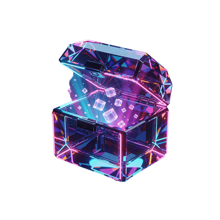 Gennemsigtig krystalkiste med l&oslash;ftet l&aring;g og str&aring;ler af cyan og magenta lys - Loot Boxes hos V.Vegas Casino