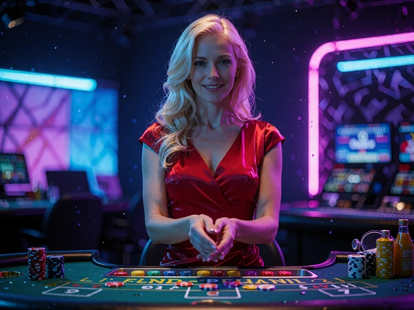 Blond dealer i r&oslash;d kjole ved et gr&oslash;nt bord foran bl&aring; og magenta lyspaneler - live casino-studie