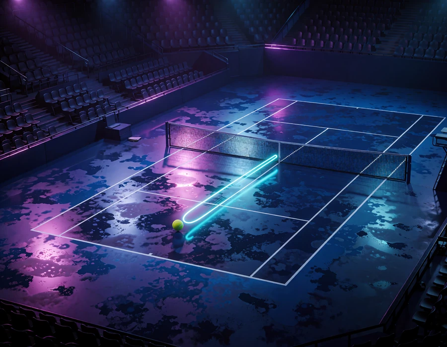 Oplyst bl&aring; tennisbane om natten set bagfra med en gul bold over nettet og et cyan lysspor - sportsbook og tennis