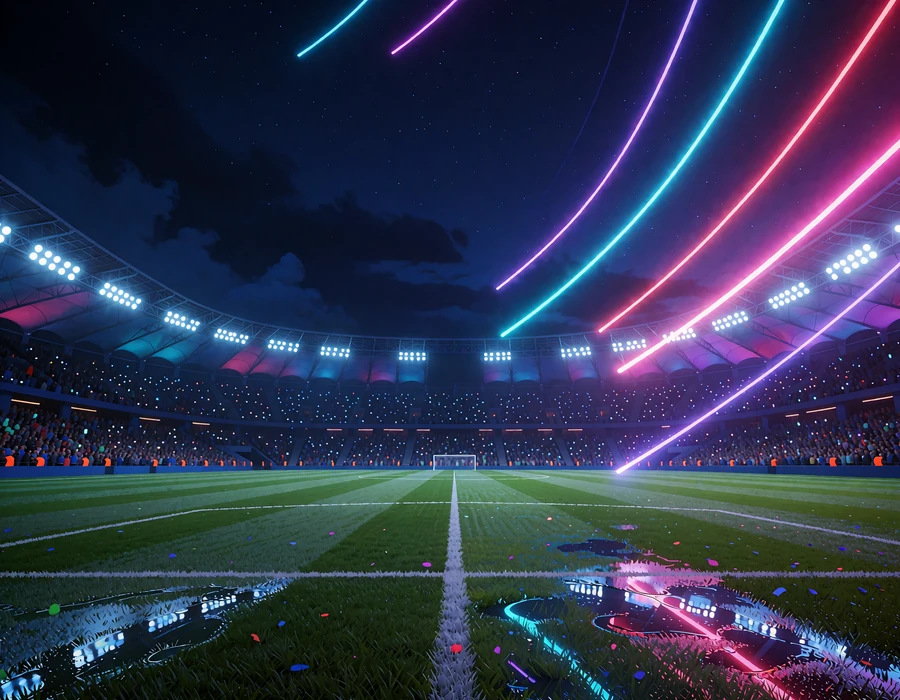 Fyldt fodboldstadion om aftenen med lysende projekt&oslash;rer og neonstriber over banen - sportsbook hos V.Vegas