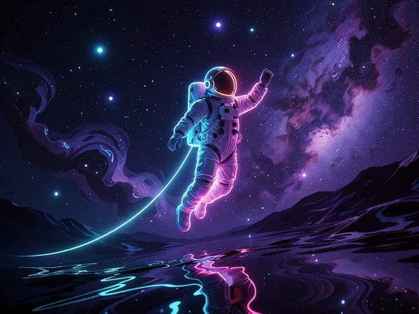 Astronaut med gylden visir sv&aelig;ver opad foran violet t&aring;ge og stjerner - illustration til crash-spillet Spaceman