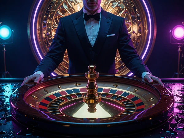 Dealer i smoking bag et stort gyldent roulettehjul med gyldne lysringe bagved - live roulette-studie