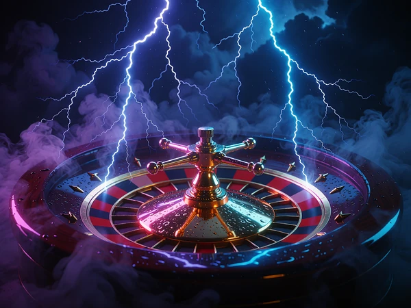 Bl&aring; lyn rammer et gyldent roulettehjul i stormt&aring;ge med violet lys - illustration til game showet Lightning Storm
