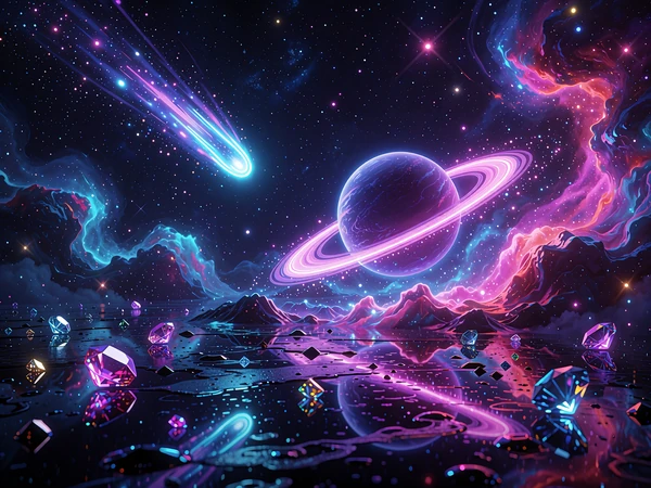Violet planet med ringe, komet og &aelig;delsten i en neonfarvet t&aring;ge - spilleautomat med rumtema
