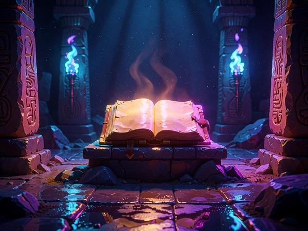 Illustrativ temakunst: &aring;ben l&aelig;rdbog p&aring; en stensokkel i et sandstensgravkammer med cyan fakler - eksempel p&aring; Book of the Fallen
