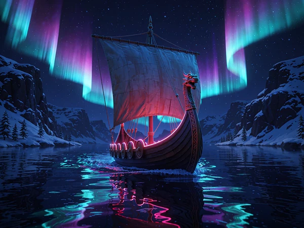 Vikingeskib med dragehoved p&aring; en fjord under nordlys i magenta og cyan - spilleautomat med nordisk saga