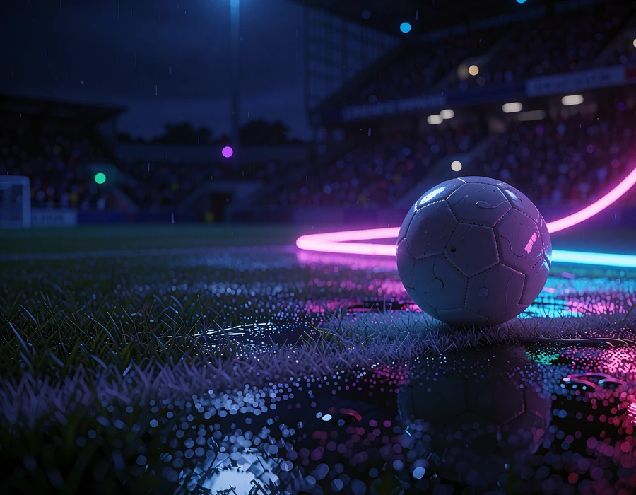 Hvid fodbold p&aring; midtercirklen p&aring; en v&aring;d, flodbelyst bane om natten med magenta og cyan refleksioner - sportsbonus hos V.Vegas
