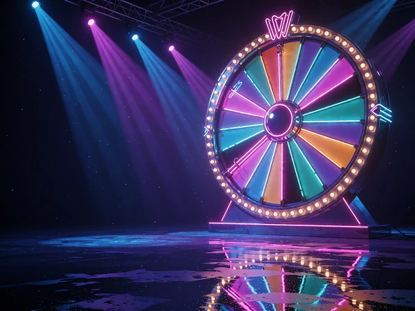 Stort pengehjul med farvede felter og p&aelig;rer p&aring; en tom scene med bl&aring; og magenta lysstr&aring;ler - live game show som Crazy Time