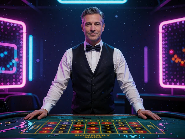 Mandlig dealer med butterfly bag et gr&oslash;nt roulettebord i et studie med violet neonlys - live roulette