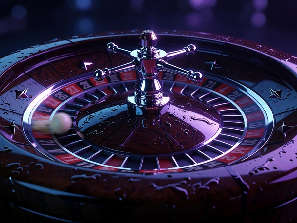 Roulettehjul i tr&aelig; og krom set skr&aring;t fra siden med en hvid kugle i bev&aelig;gelse og violet studielys - live roulette hos V.Vegas