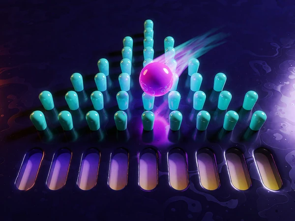 Pyramide af lysende cyan pigge med en magenta kugle p&aring; vej ned og lysende felter nederst - illustration til Plinko