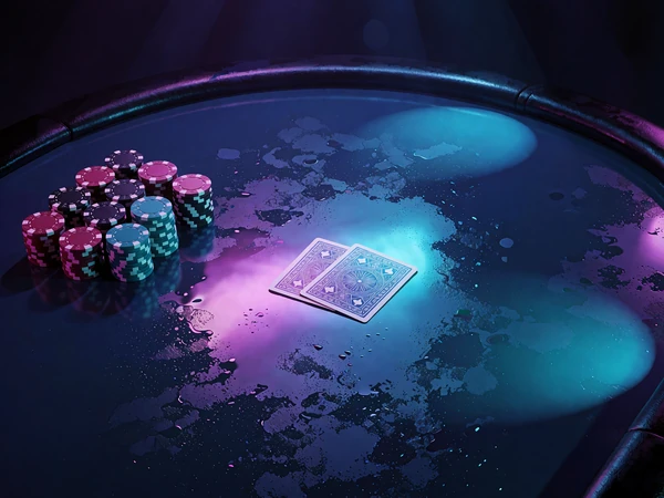 Gr&oslash;nt blackjackbord set ovenfra med stakke af jetoner i magenta og cyan og to kort med bagsiden opad - live blackjack